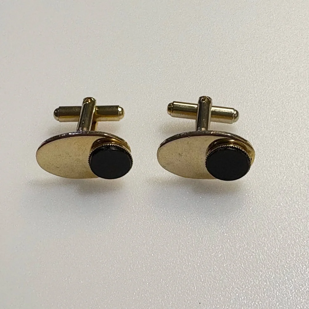 Cuff Links Gold Tone with Black Stone Accents